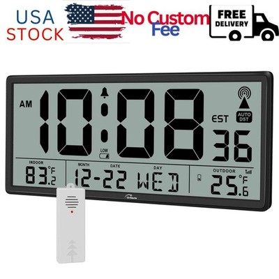 Atomic Clock with Indoor Outdoor Temperature - Easy to Read - Self Setting
