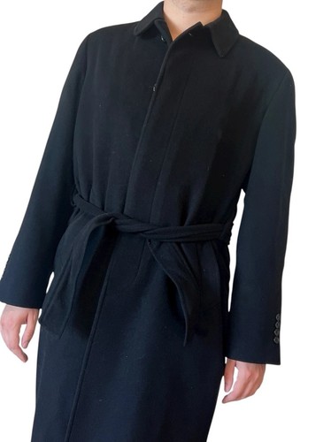 MENS VINTAGE BAGGIO ITALY BLACK WOOL CASHMERE OVERCOAT TRENCH COAT BELTED LARGE - Picture 20 of 24