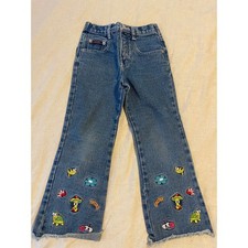 Vintage 90s Kids Caramba Blue Denim Flar Jeans w/ Turtles &amp; Mushrooms