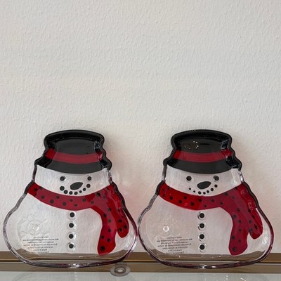 2pc Peppermint Square SNOWMAN Glass Plates 6.5in Christmas Holiday NEW
