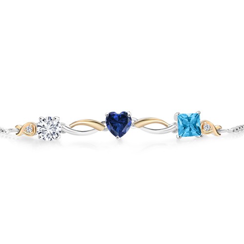 925 Silver and 10K Yellow Gold Created Sapphire Swiss Blue Topaz and Lab Grown - Picture 2 of 4