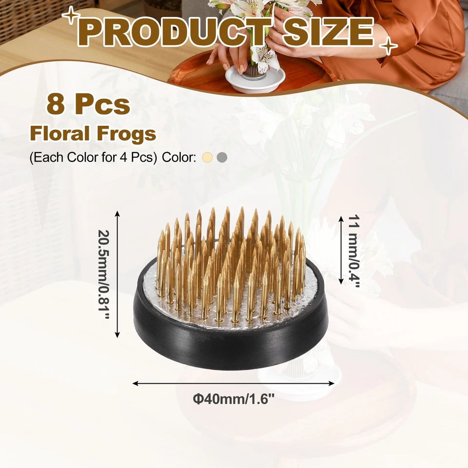 8Pcs 1.6" Round Brass Floral Frogs Arranger Holder Pin, Brass/Silver/Black Foto 2 de 4