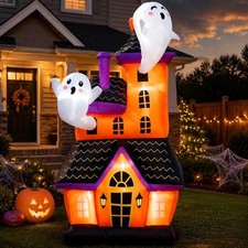 Bajree 6 FT Halloween Inflatable Haunted House with 2 Cute Ghosts  6 Built-i...