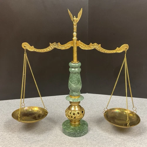Vintage Brass And Green Marble Scales Of Justice MCM