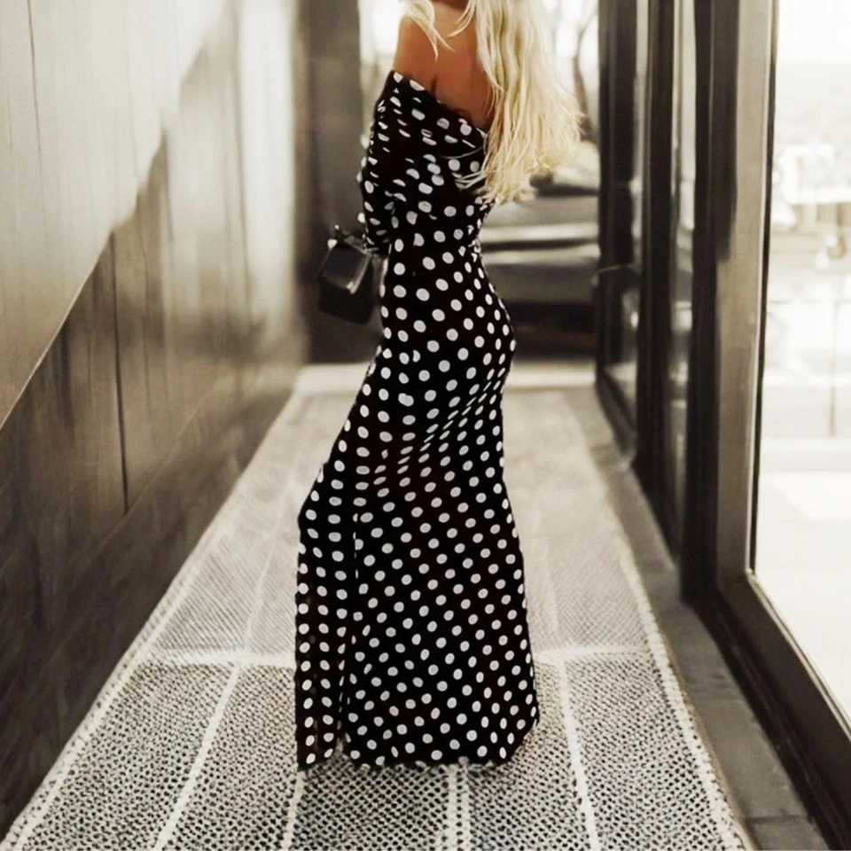 NUEVO Boutique | Talla M | Maxi Vestido ceñido al cuerpo negro blanco a lunares con hombros descubiertos Foto 2 de 4
