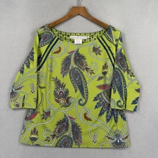 Gretchen Scott Jersey Top Shirt Womens M 3/4 Sleeve Green Scoop Neck Paisley