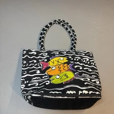 Sally Huss Beach Bag Sun N Sand Canvas Tote Zip Black White Sea Fish