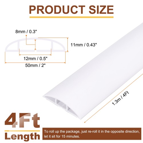 4ft D Cord Cover Floor W0.5" x H0.3" Hide Cable Wire Covers White - Picture 2 of 7