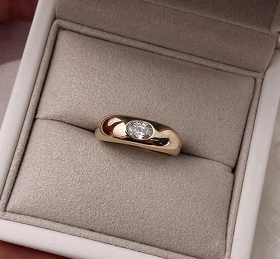 Lab Grown Oval Diamond Ring, Bezel Set 10K Solid Gold Dome Ring Gifts For Her - Image 2 of 3