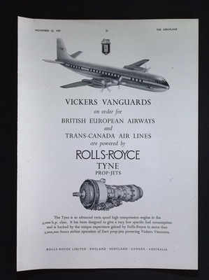Original 1957 Reklame Rolls-Royce Tyne Prop-Jets Vickers Vanguards