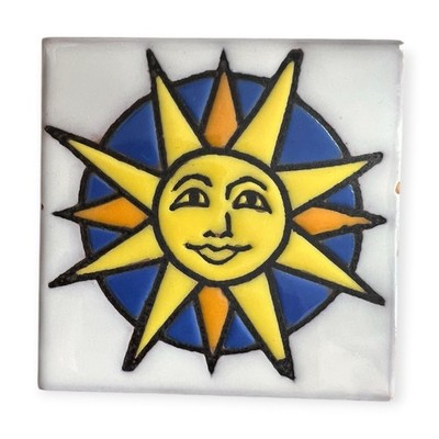 VINTAGE CERAMIC TILE 4''x4'' SUN FACE CELESTIAL WHIMSICAL FAIRY GARDEN KITCHEN