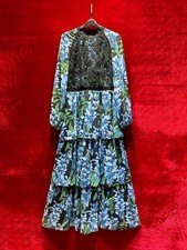 Women Chiffon Long Puff Sleeve Lace Splicing Mid Long Dress Floral Print Holiday