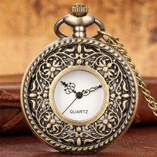 Bronze Half Hunter Floral Skeleton Pocket Watch Quartz, Vintage Style  w/ Chain