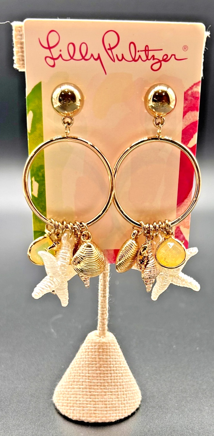 Lilly Pulitzer Gold Sea Shell Starfish Charm Hoop Earrings NWT Resort Beachy