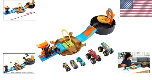 Portable Tire-Shaped Stunt Playset with 3 Monster Trucks & 3 Cars (1:64 Scale) - Picture 2 of 9
