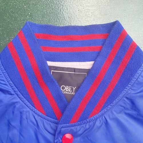 Obey Posse Varsity Jacket Men’s XL Baseball Button Snap Blue Red Propaganda - Picture 6 of 14