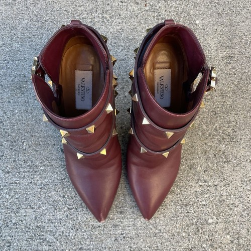 Valentino Rockstud pointy toe harness ankle boot in wine calfskin leather IT 36 - Picture 15 of 24