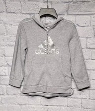 ADIDAS GIRLS S 7 8 GRAY METALLIC SILVER TERRY FULL ZIP HOODIE LOGO SWEATSHIRT