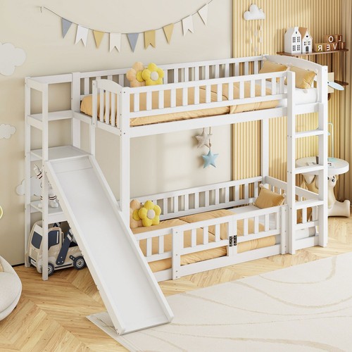 Etagenbett Hochbett Doppel Stockbett 90x200 mit Rausfallschutz und Rutsche, Weiß - Bild 3 von 11
