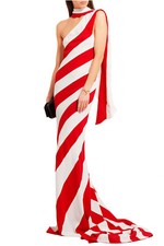 GARETH PUGH Red White Stripe One Shoulder Scarf Train Maxi Dress Gown 0 