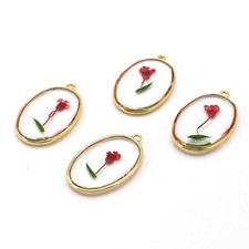 Clearance 8PCS Gold Tone Dry Pressed Flower Resin Oval Charm Pendant GBY13-2