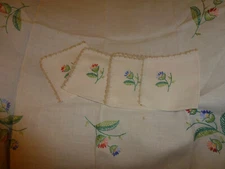 Vintage Hand Embroidered Card Table Tablecloth with 4 Matching Napkins - 30 x 32