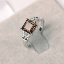 Smoky quartz ring square cut brown stone ring white gold engagement ring