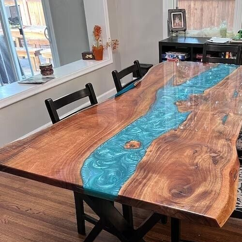 Stunning Blue Epoxy River Table - Unique Live Edge Design Epoxy River Table - Picture 2 of 10
