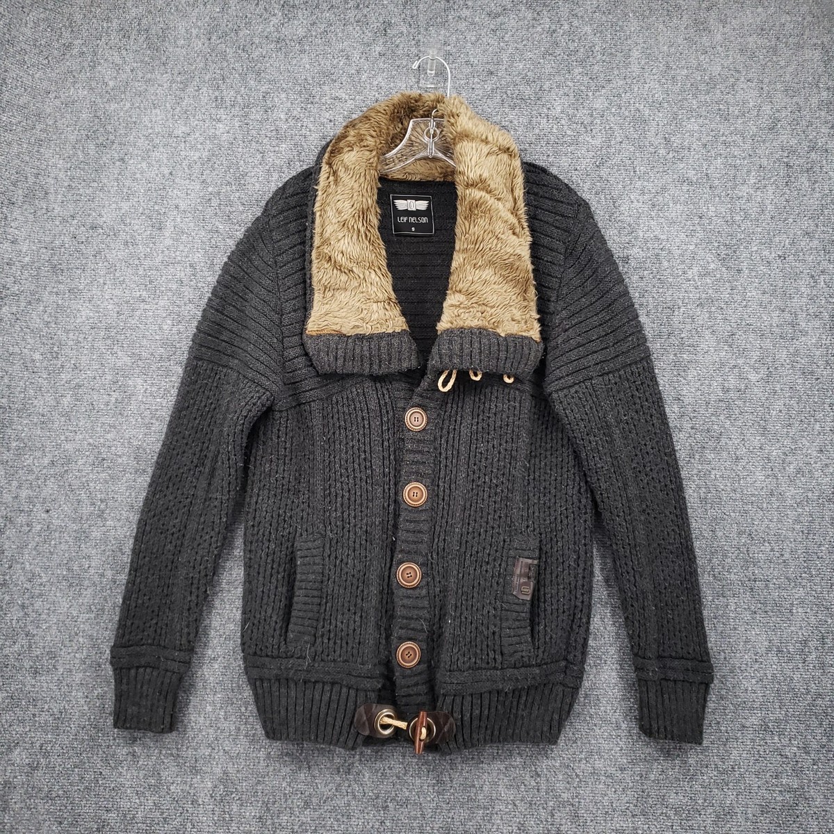 Leif Nelson Cardigan Mens S Small Gray Faux Fur Collar Sweater Toggle  Knitted