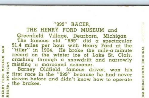999 Racer Car Henry Road Museum Greenfield Village Dearborn MI Vintage Postcard - Picture 4 of 4