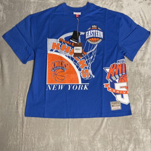 New York Knicks Mitchell & Ness Men Logo Blast Graphic AOP T Shirt Size L NWT