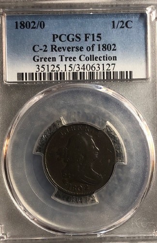 1802/0 HALF CENT PCGS F15 C-2 REVERSE OF 1802 EXTREMELY RARE IN A STRAIGHT GRADE