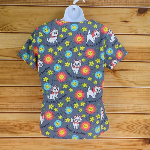 Disney Scrubs Top Womens Size XS Gray Colorful Floral 100% Cotton Aristocats - Picture 2 of 7