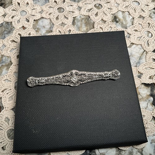 14K Antique Filigree White Gold Genuine European Diamond Bar Pin / Brooch - Bild 3 von 7