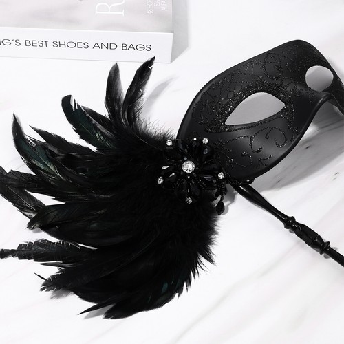 Women's Masquerade Ball Mask With Stick Venice Costumes Feather Handheld Masks - Picture 12 of 30