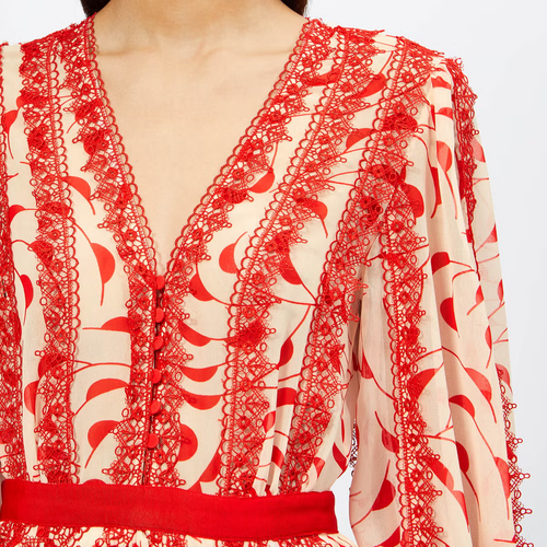 Self-Portrait Women's Crescent Printed Chiffon Midi Dress - Cream/Red - Picture 4 of 6