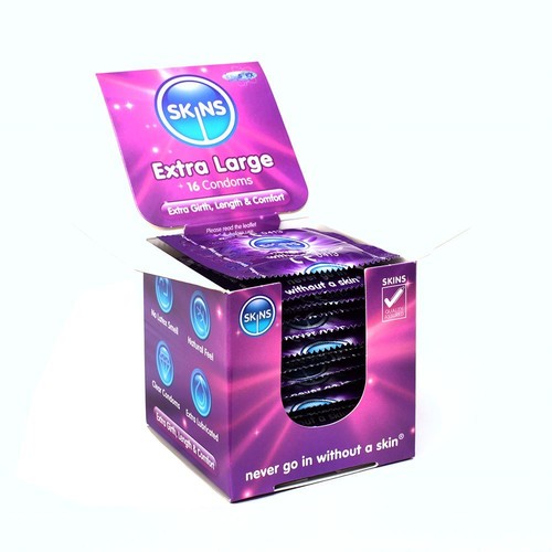 Skins Cubo Condones 16 - Pack, Acanalado, Ulta Fino, Extra Grande, con Sabor - Imagen 4 de 7