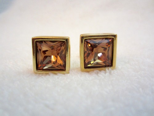 Swarovski Gold Plated Cufflinks Amber Colored Crystal Swan Signed - Bild 2 von 6