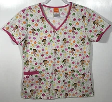 Nickelodeon Scrub Top womens size XS extra-small Dora the Explorer flowers Pink