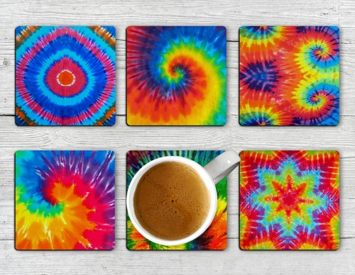 Retro Drink Coasters Set of Six Neoprene Hippie Tie Dye - Picture 1 of 6