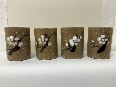 Set 4 Saki Drinking Clay Cup Japan Hand Painted White Flower Lot Shot Tea Brown