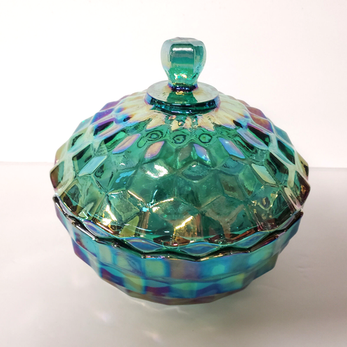 Indiana Glass Whitehall Green Iridescent Carnival Glass Candy Dish With Lid - Picture 8 of 9