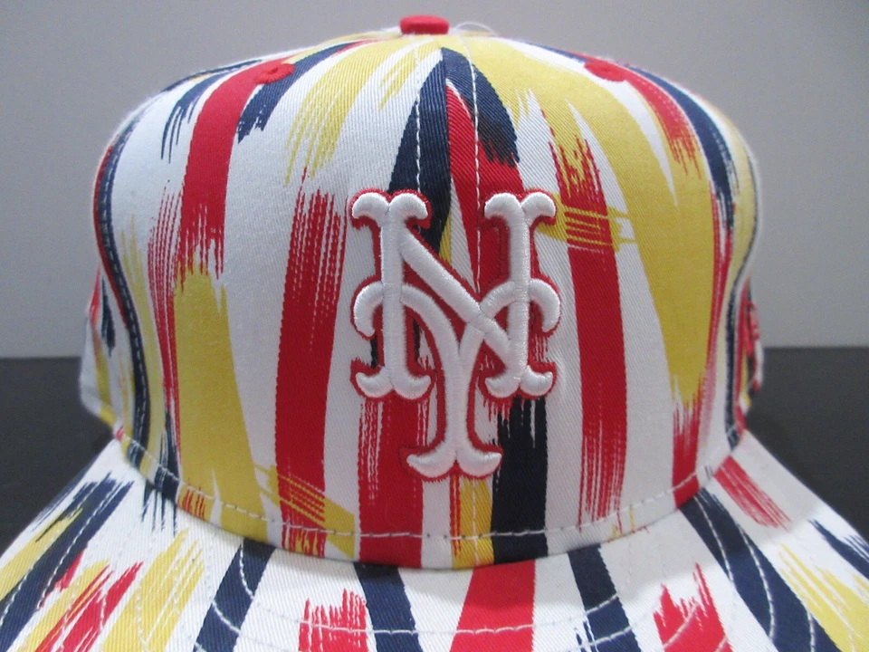 New York Mets Hat Cap Fitted Mens 7 5/8 Red Yellow Baseball All Over Print - Image 2 of 4