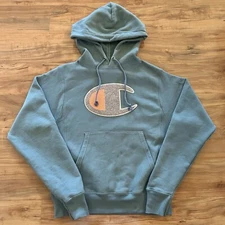 Champion Reverse Weave Hoodie Sweatshirt Blue Chenille Big C Logo Mens XS