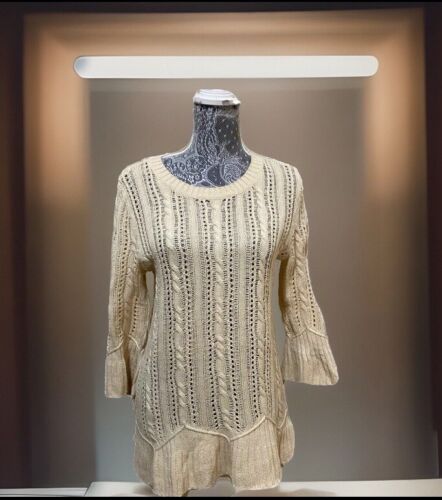 Heather B Peplum Crochet Cable Knit Sweater Boho Women Ruffled 3/4 Bell Sleeve M - Picture 2 of 22
