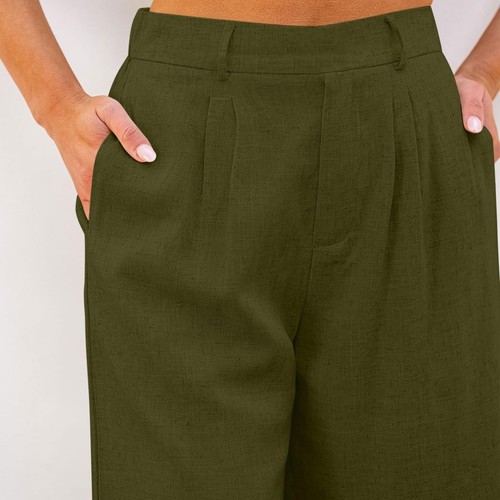 Womens Cotton Linen Shorts Ladies Baggy High Waist Solid Wide Leg Solid Pants - Picture 4 of 37