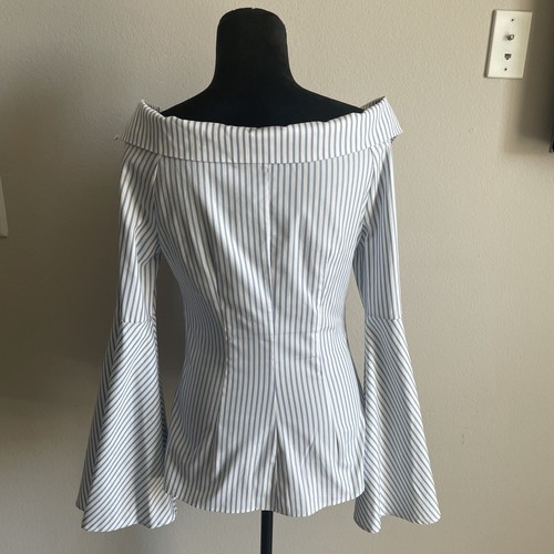 Caroline Constas Persephone Blue Strip Off The Shoulder Button Down Shirt S $395 - Picture 4 of 11