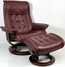 Ekornes Stressless Large ROYAL Wine Red Leather Swivel Recliner Chair Ottoman