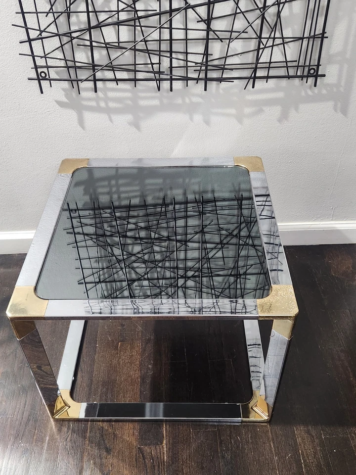 Винтажный хромированный латунный квадратный столик в стиле Maison Jansen Hollywood Regency - Изображение 3 из 4