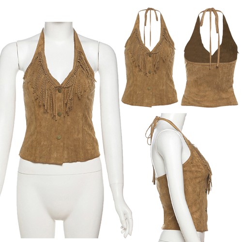 Damen Träger Crop Tops Festivals Tank Top Rodeo Schnürung V-Ausschnitt Cowgirl - Bild 4 von 24